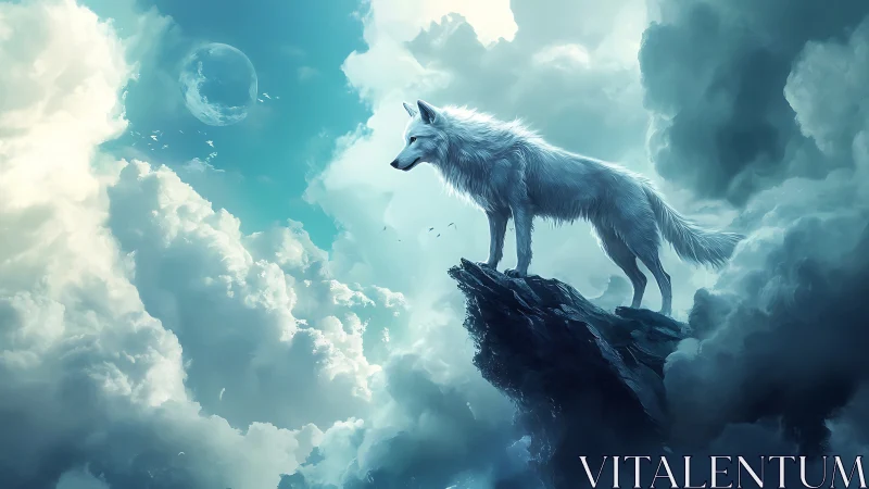Lone white wolf surveys ethereal sky from jagged cliff