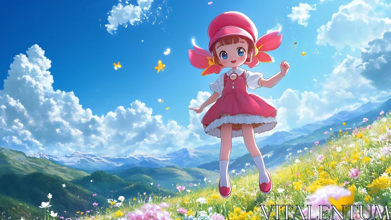 Anime girl in red dress floating above bright flower meadow.