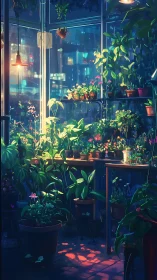 Indoor greenhouse corner shows potted plants under mixed lights