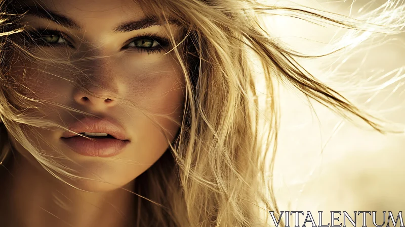 Windblown close-up portrait with sharp golden lighting.