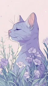 Serene Cat Surrounded by Lavender Blooms and Wildflowers
