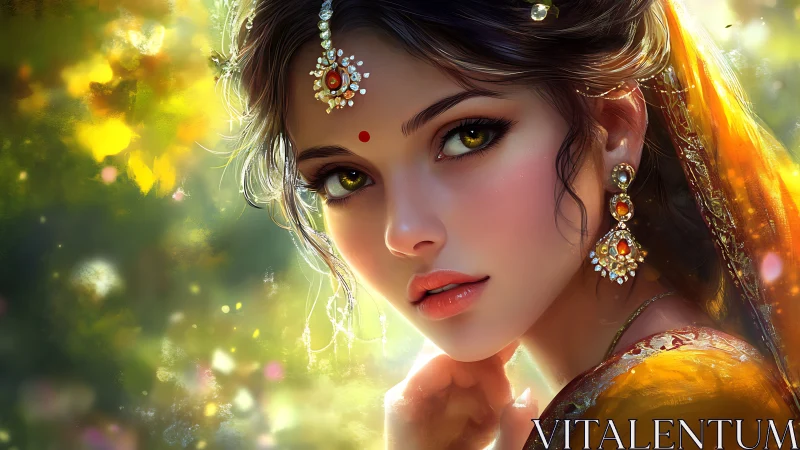 Luminous digital portrait of jeweled woman in golden sari light