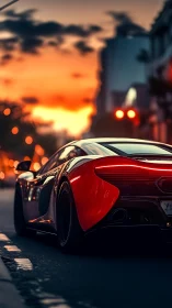 Supercar rear view under vivid sunset city lights.