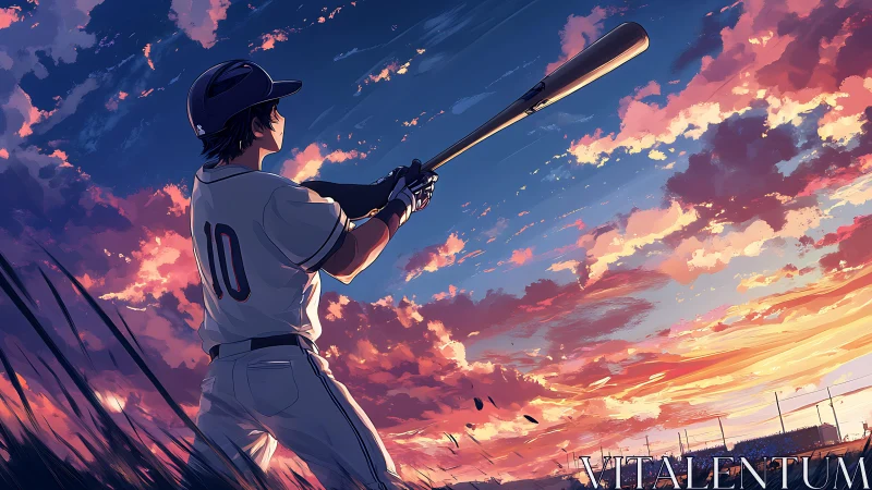Baseball batter silhouetted against a dramatic anime sunset sky