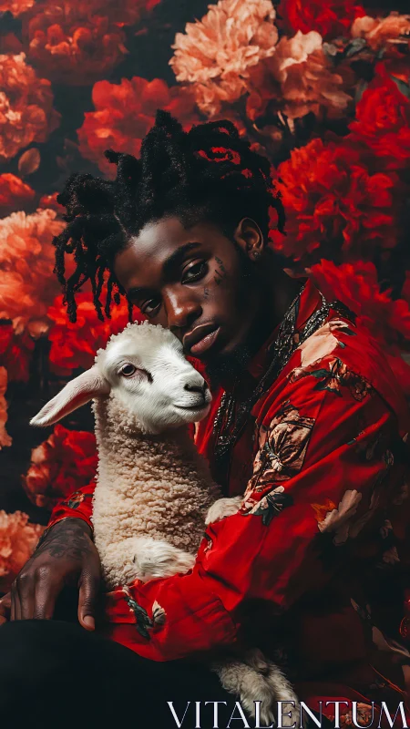 Gentle embrace unites a man and lamb amid blooming crimson flowers