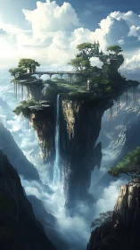 Floating Castle on Cliff with Waterfalls and Gardens.