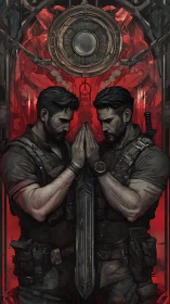 Mirrored tactical operatives bracing a central broadsword reliquary.