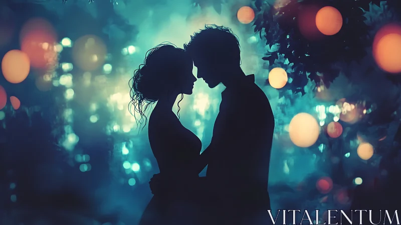 Silhouetted Embrace Under Luminescent Bokeh Veil.