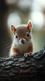 Baby squirrel grips rough bark, shallow forest bokeh.