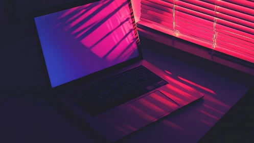 Laptop on desk under pink window blinds light pattern.