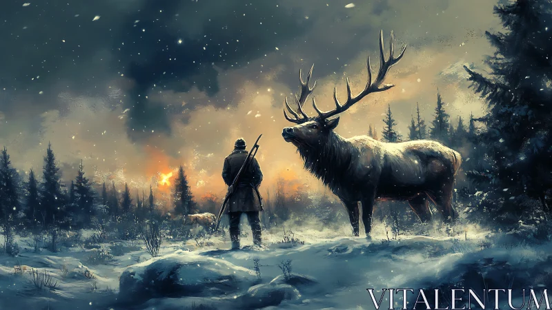 Hunter Confronts Massive Stag in Frozen Wilderness.