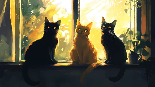 Three Cats Silhouetted Against Glowing Golden Window Light