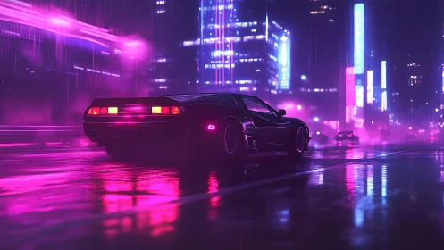 Neon rain racer drifting through violet cyber city nights.