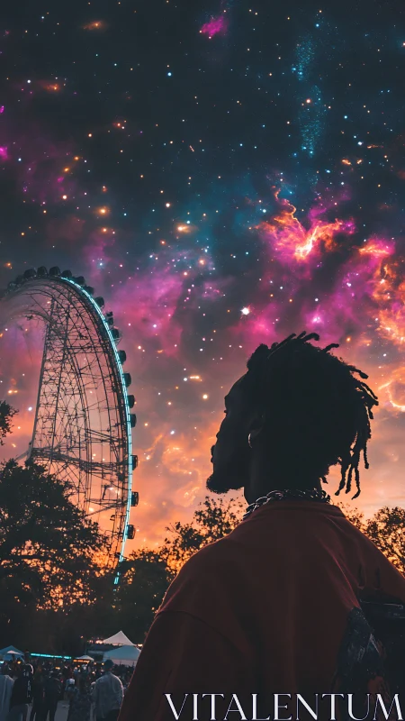 Silhouette near ferris wheel under composite nebula sky.