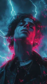 Portrait of youth under lightning with neon backlighting.