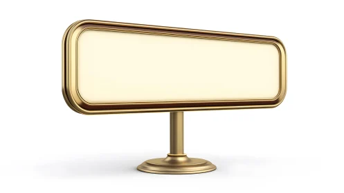 Elegant Blank Gold Signboard with Rounded Corners on Stand.