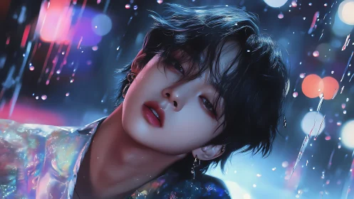 Neon-lit androgynous portrait captures rain-soaked urban melancholy