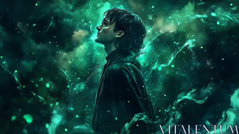 Stargazing dreamer wrapped in swirling emerald mist.