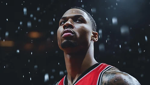 Focused basketball player stands under dramatic arena lights