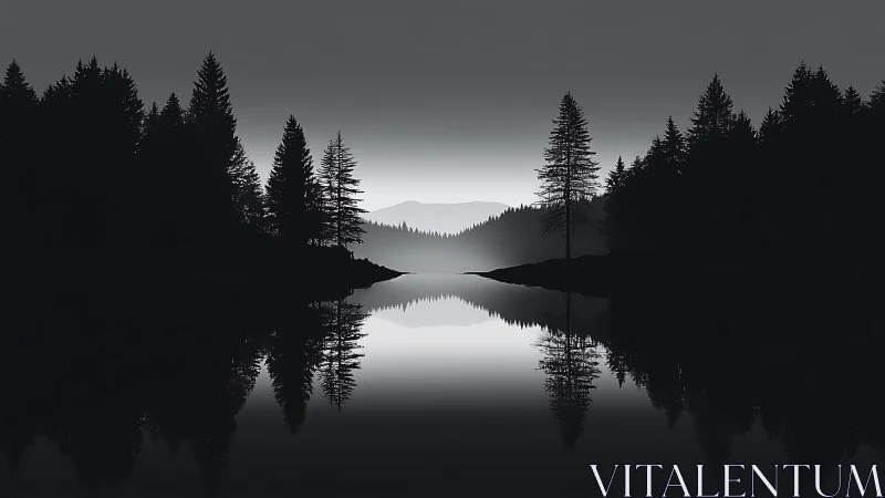 Monochrome forest lake with silhouetted trees and reflection.