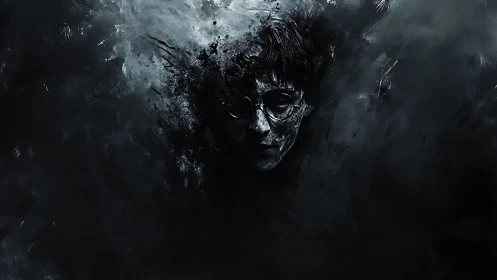 Shadow-splashed thinker emerging from midnight smoke.