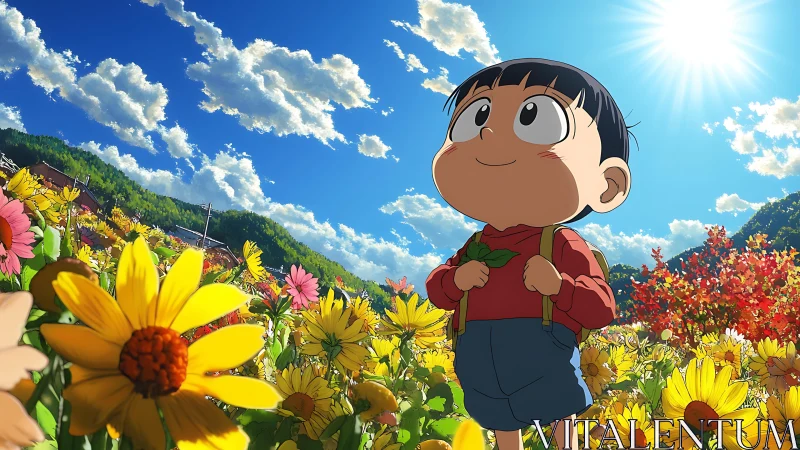 Wide-angle anime child portrait in sunlit mountain flower field