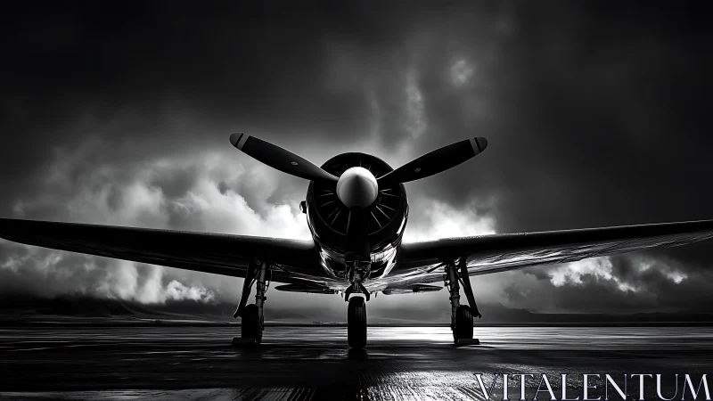 Vintage propeller aircraft on wet runway in dark stormy light.