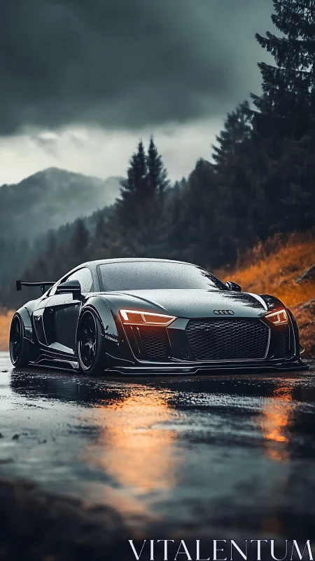 Midnight supercar prowls wet mountain pass in neon reflections