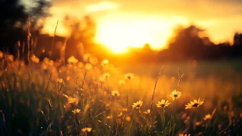 Backlit wildflower meadow under shallow-depth golden-hour sun.
