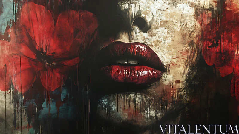 Textured red lips with abstract floral bleed and grunge field.