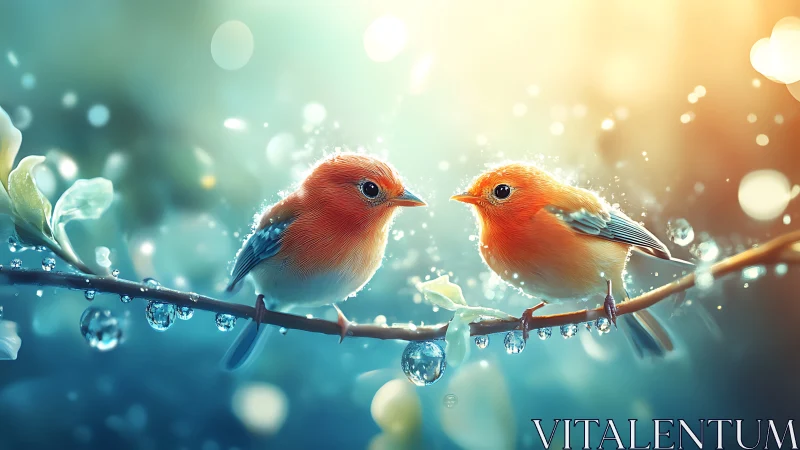 Two Colorful Robins on Dewy Branch, Dreamy Light Effect.
