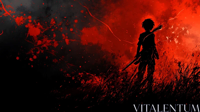 Silhouetted warrior against red storm sky at dusk.