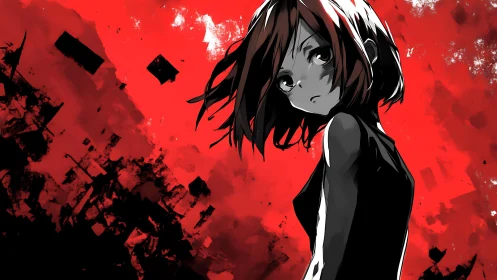 Quiet anime heroine framed by bold red emotion.