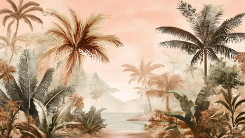 Muted tropical coastline with layered palm vegetation.