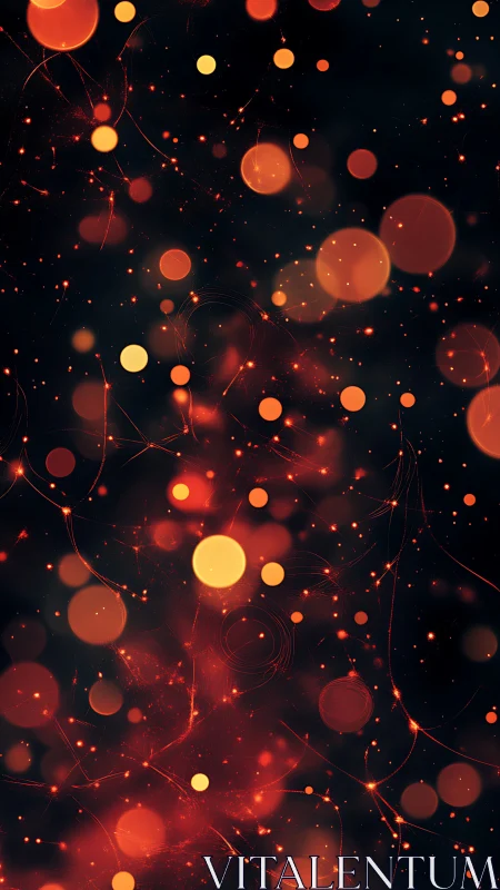 Glowing orange bokeh particles on dark abstract backdrop.