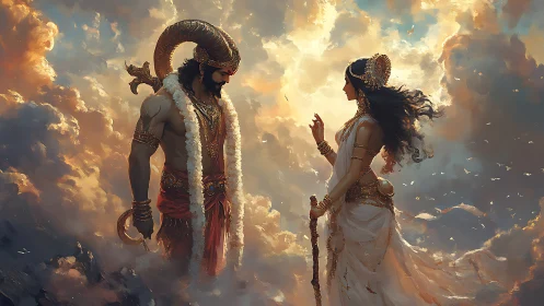 Mythic man and woman in ornate attire amid cloudscape.