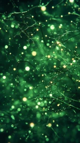 Green bokeh field overlays thin branching lines in soft focus