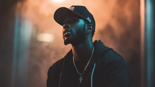 Moody urban portrait under neon haze and warm backlight.