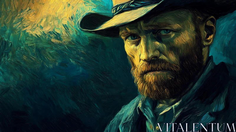 Textured oil portrait of bearded man in hat, teal palette