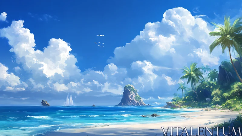 Tropical Paradise: Sailboat Beyond Lush Palms and White Sand Beach.