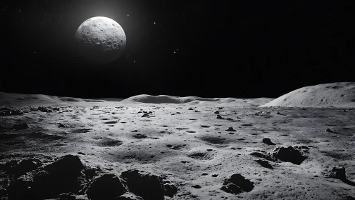 Silent lunar plain under distant illuminated moonrise.