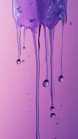 Luminescent violet liquid drips against a soft pink void