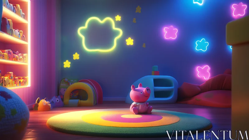 Neon lit kids playroom with pig toy centered on rug.
