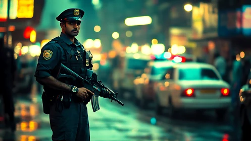 Armed uniformed police officer on wet urban street at night.