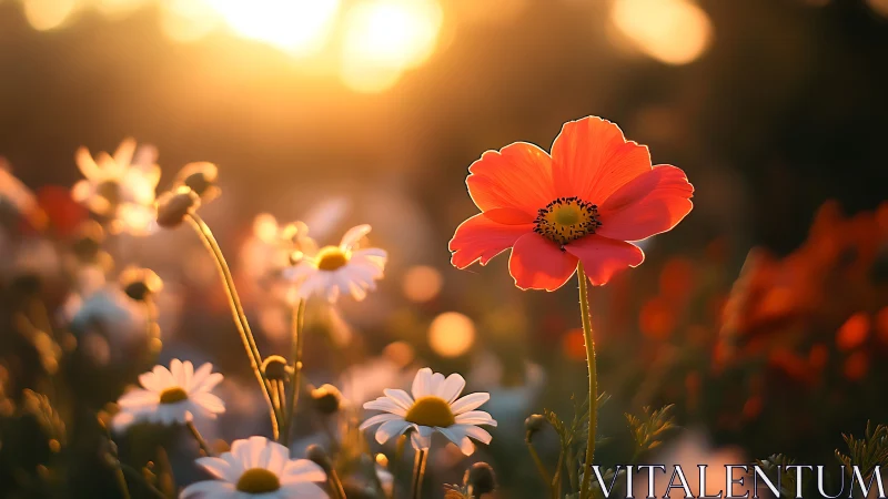 Red and white flowers photographed during golden hour with bokeh background