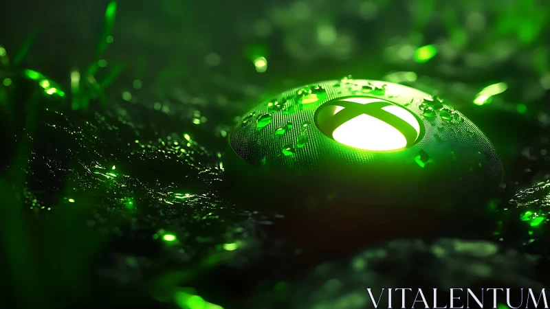 3D macro render of illuminated gaming button in wet foliage.