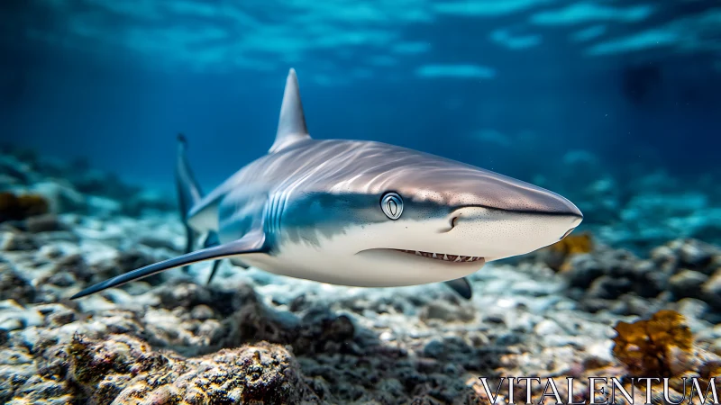 Sleek reef shark glides over coral in crystal blue water.