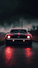 Red classic muscle car on wet rural road at dusk.