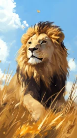 Sunlit savanna king gazes across windswept golden plains.