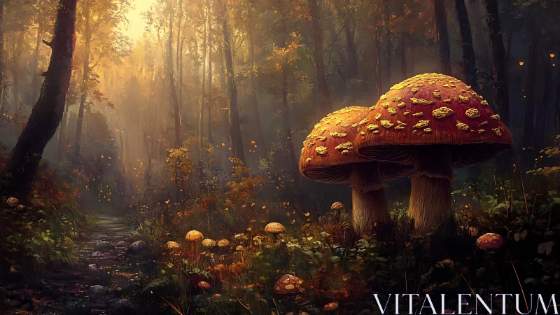 Golden forest glow with storybook mushrooms at dusk.